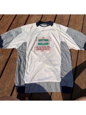 Vintage M.E. Sport Superchamp Graphic Shirt Striped Sleeve White/Navy S